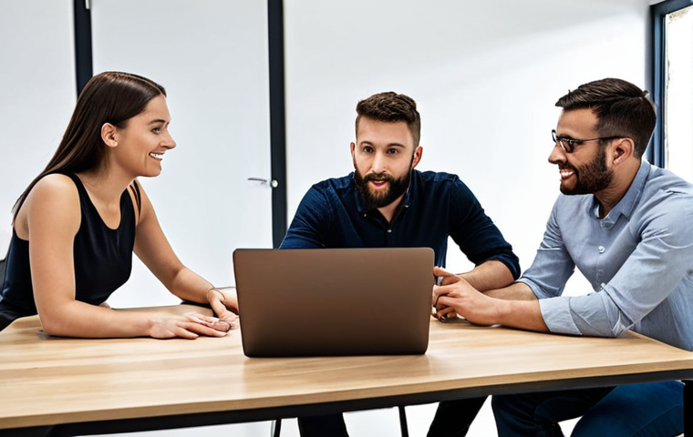 **

A diverse team of e-commerce professionals gathered around a table in a modern office space. They're engaged in an open and honest discussion, with laptops and tablets scattered around. The atmosphere is collaborative and supportive, showcasing trust and open communication. The background subtly displays e-commerce sales charts trending upwards, symbolizing success due to teamwork.

**