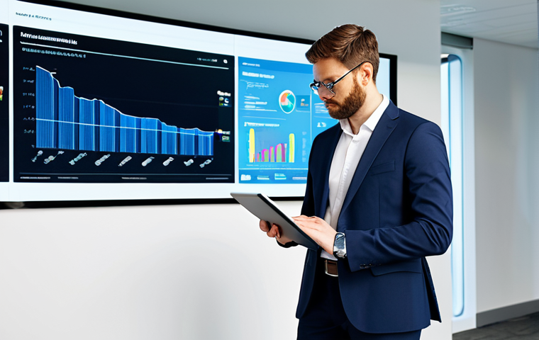 A professional shopping manager, fully clothed in a modest, sharp business suit, stands confidently in a bright, modern retail tech office. Large digital screens in the background display intricate data analytics dashboards and consumer journey maps. The manager is looking thoughtfully towards a screen, holding a tablet, with a natural pose and perfect anatomy, well-formed hands, and correct proportions. The scene is well-lit, representing strategic thinking and digital expertise. Appropriate attire, safe for work, high quality, professional photography, natural body proportions, appropriate content, family-friendly.
