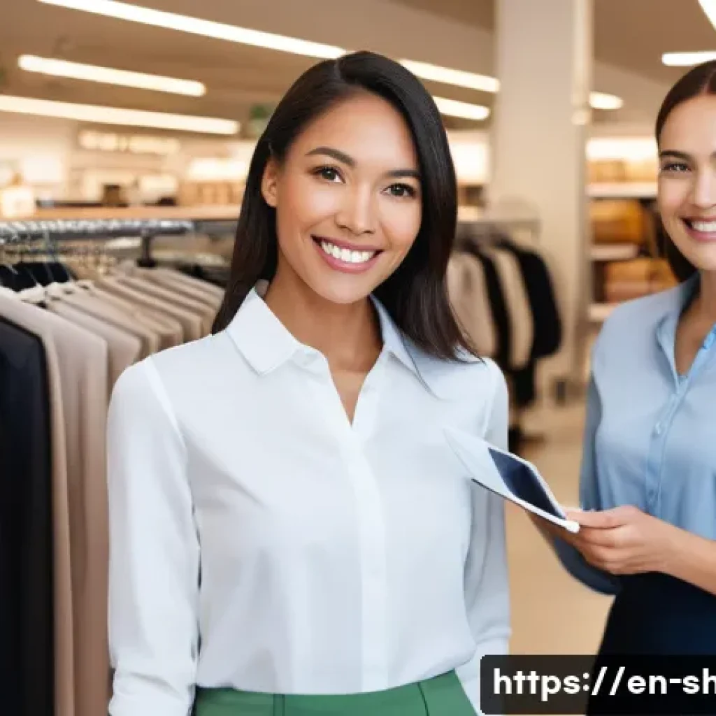 쇼핑매니저 직업 만족도 - **"A diverse team of retail associates, professionally dressed in stylish, modern store uniforms, ga...