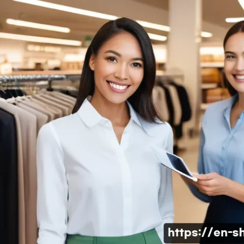 쇼핑매니저 직업 만족도 - **"A diverse team of retail associates, professionally dressed in stylish, modern store uniforms, ga...