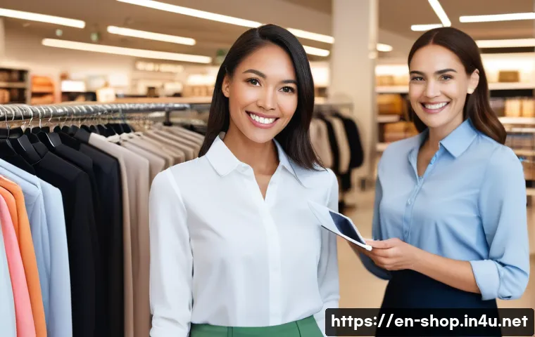 쇼핑매니저 직업 만족도 - **"A diverse team of retail associates, professionally dressed in stylish, modern store uniforms, ga...