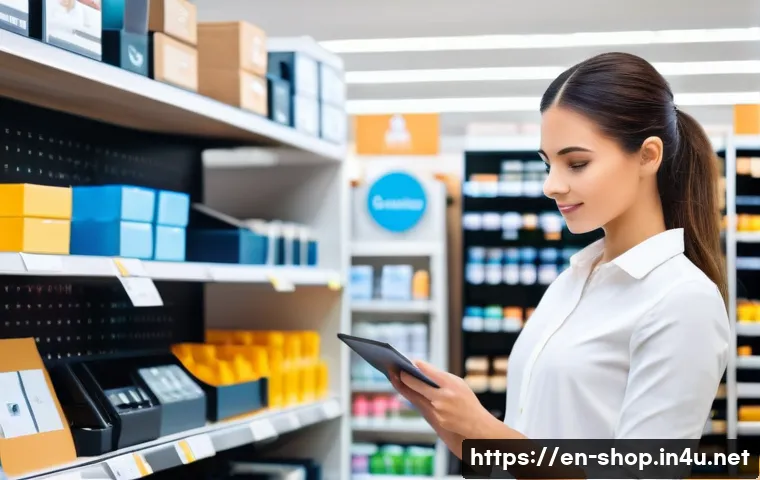 쇼핑매니저 취업 준비 체크리스트 - A modern retail store manager standing confidently in a bright, well-organized shop, using a tablet ...